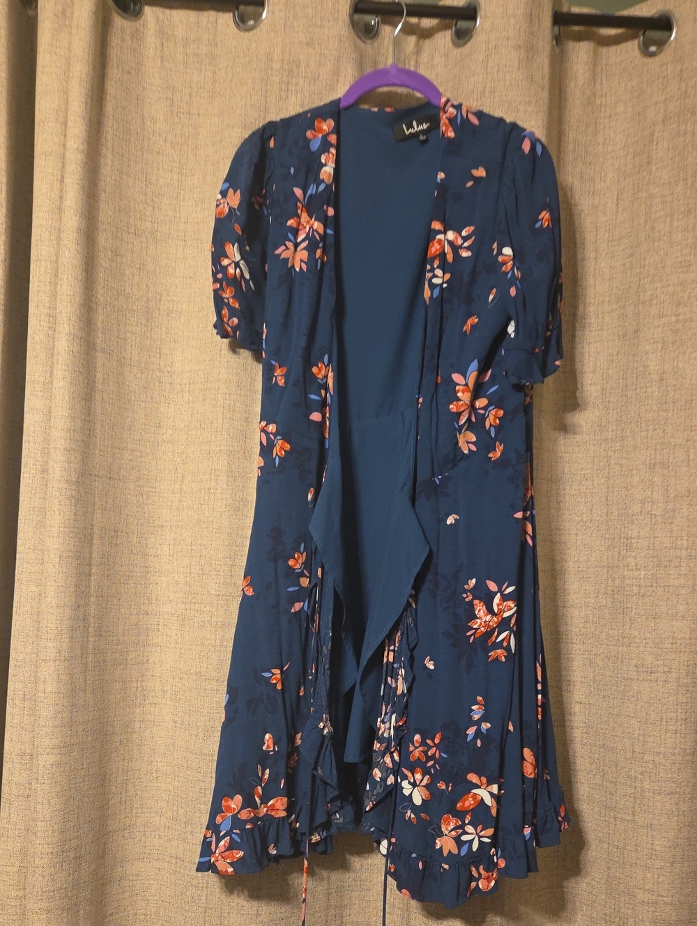 Lulu's Navy Blue Floral Midi Dress with Coral Accents
